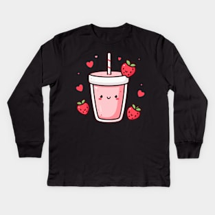 Cute Kawaii Strawberry Milkshake with Strawberries and Hearts | Kawaii Food Kids Long Sleeve T-Shirt